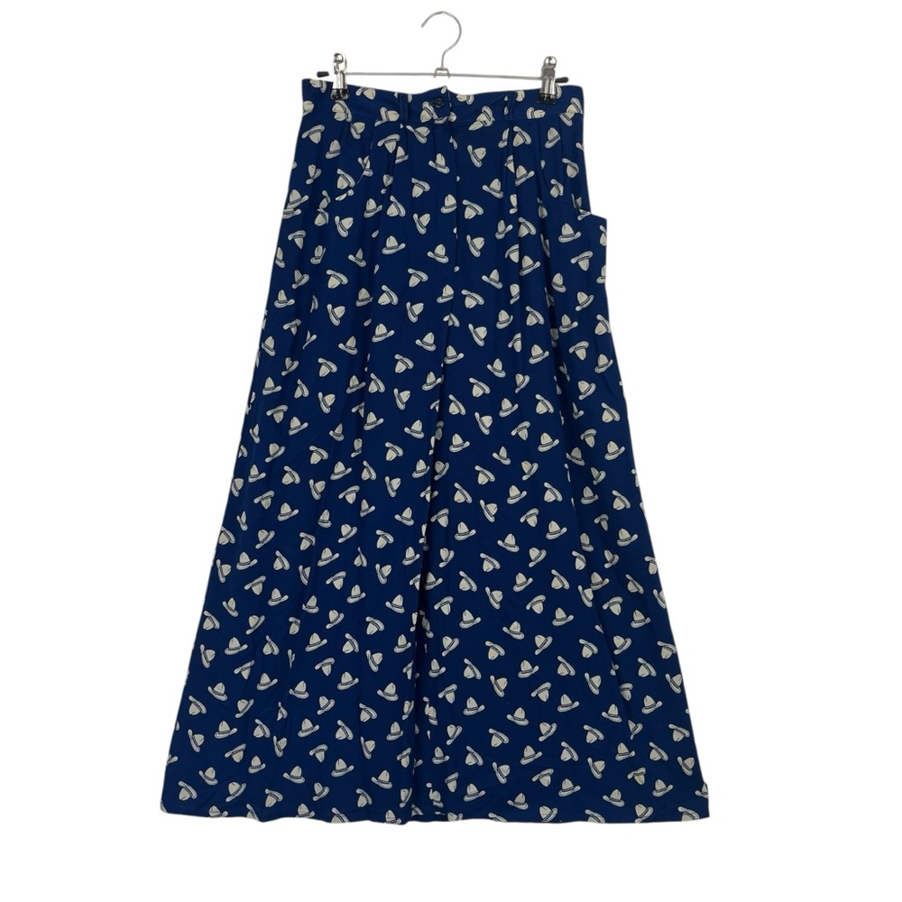 Eileen West Navy Blue A-Line Skirt with Cream Leaf Print
